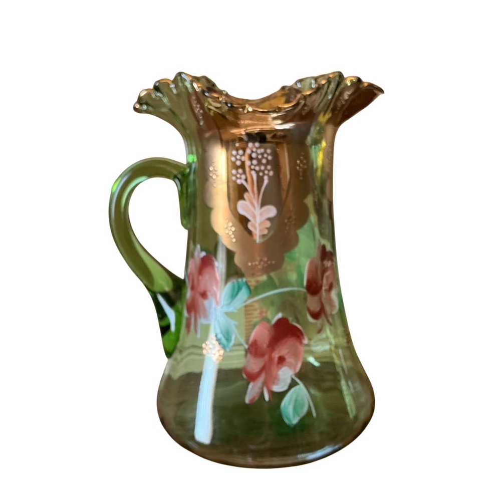Vintage Bohemian Green Glass Pitcher & 6 Glasses Hand Painted Floral Gold Set - Picture 9 of 16